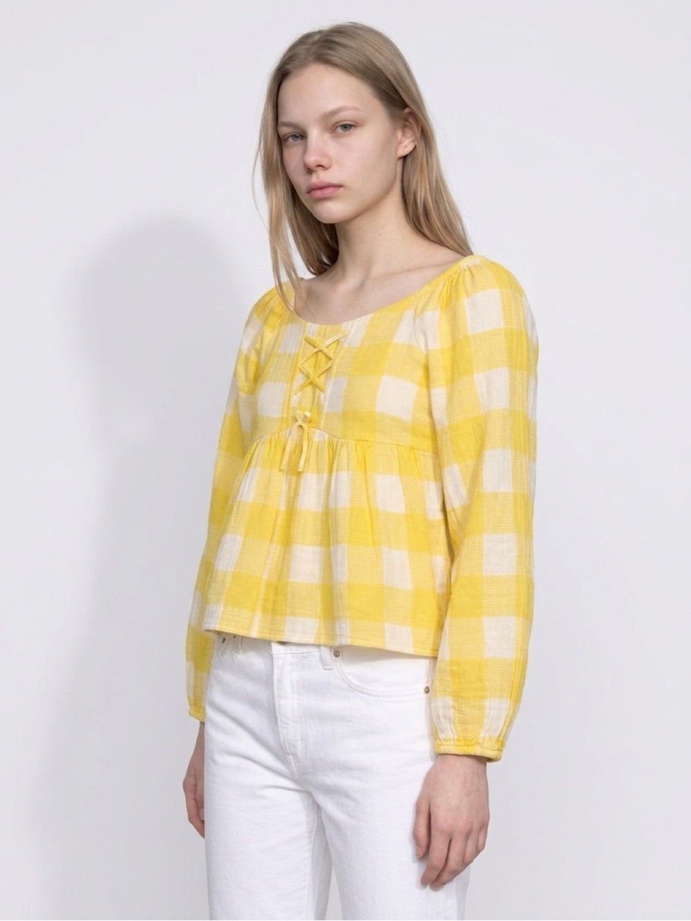 Wonder Nation Peasant Yellow & White Checkered Blouse Tie Front Long Sleeve L
